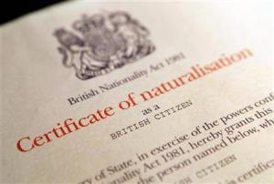 A British citizenship certificate is seen in London