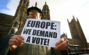 Protester placard at parliament - Europe We Demand A Vote - Second EU referendum - Remainers